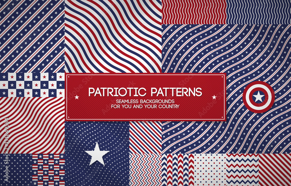 Set of patriotic american patterns with stars and stripes. Useful for Memorial day, Independence day, national and political events. - obrazy, fototapety, plakaty 