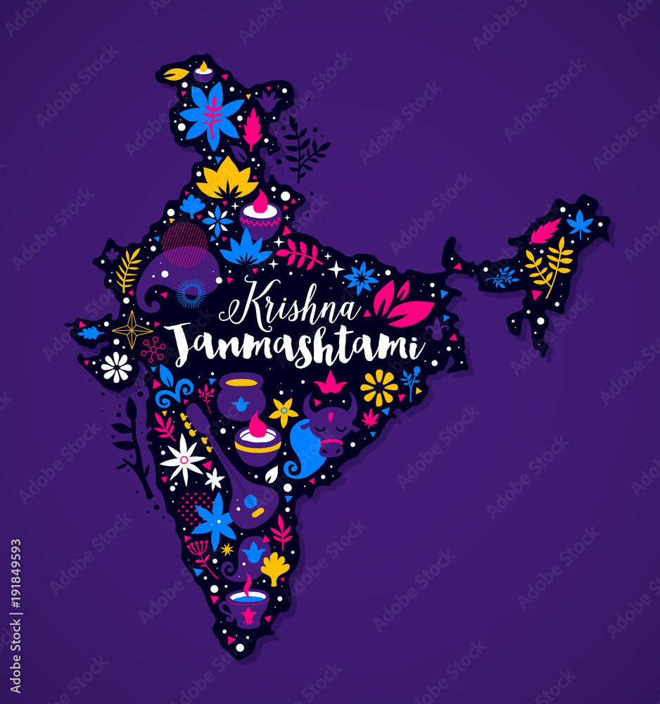 Map of India with abstract floral and national elements. Krishna Janmashtami advertising template. Useful for posters, cards and advertising.