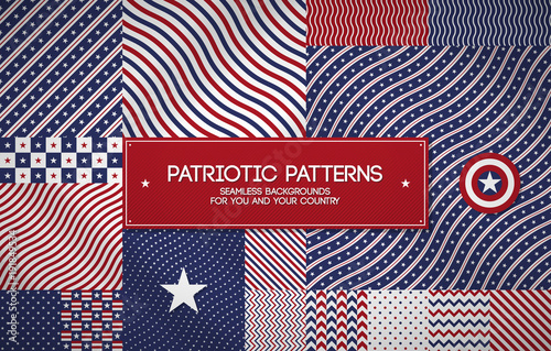 Set of patriotic american patterns with stars and stripes. Useful for Memorial day, Independence day, national and political events.