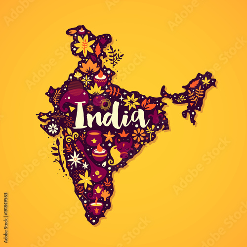 Fotografi Map of India illustration with abstract and national elements