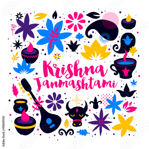 Wallpaper Mural Krishna Janmashtami design template with abstract colorful elements on white background. Useful for posters, cards and advertising. Torontodigital.ca
