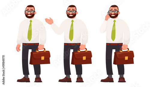 Businessman with briefcase and phone. Office worker wearing glasses. Vector illustration in cartoon style