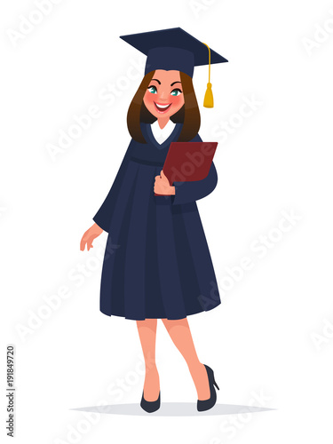 Graduate girl in mantle with diploma. Vector illustration in cartoon style