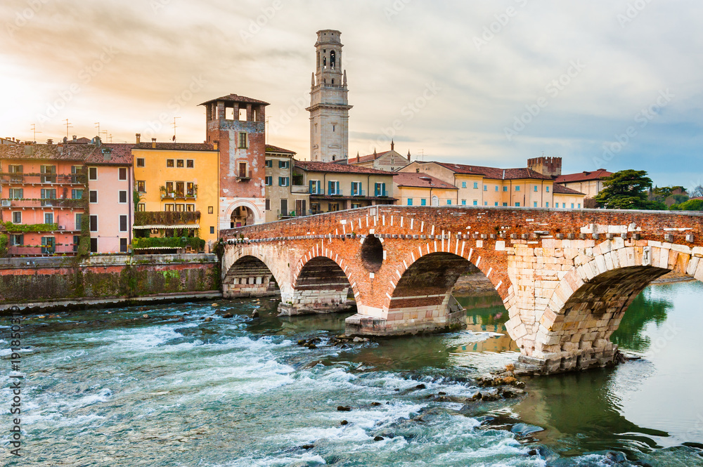Verona, Italy. Beautiful view of the bridge Ponte di Pietra 