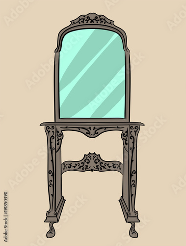Wooden beige and gray table with carved details and a large mirror stands on a pale beige background eps 10 illustration