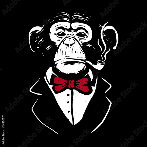 Chimpanzee wearing red butterfly ribbon posing like mafia and smoking