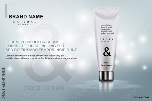 Cosmetic design template for realistic vector packaging of glossy silver cosmetics on blue background, moisturizing hand and face cream
