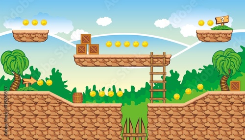 Tile set Platform for Game - A set of layered vector game asset, 
contains background, ground tiles and several items / objects / decorations,
used for creating mobile games