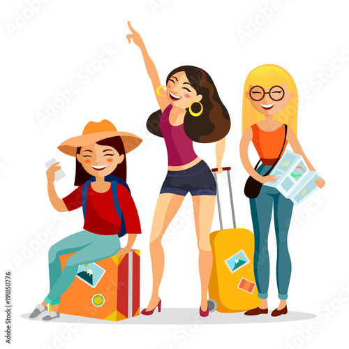 Girls traveling together vector flat illustration. Young people travelers with suitcases having fun isolated on white background. Trip and journey concept.