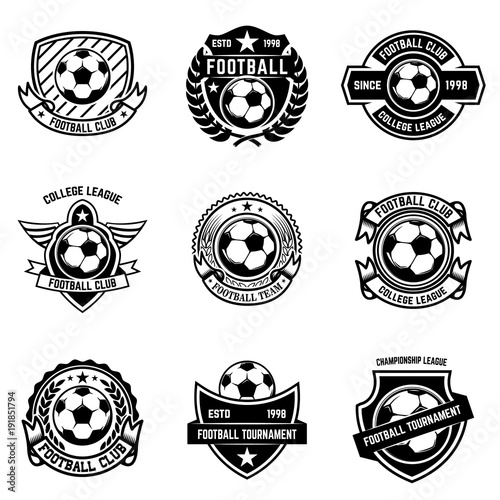 Set of winged emblems with soccer ball. Design element for logo, label, emblem, sign.