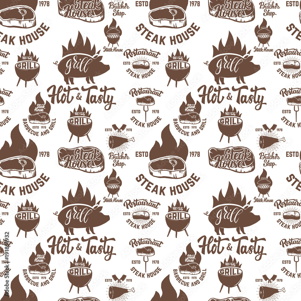 Seamless pattern with steak house symbols. Grill, bbq, fresh meat. Design element for poster, menu, flyer, banner, menu, package. Seamless pattern with steak house symbols. Grill, bbq, fresh meat. Design element for poster, menu, flyer, banner, menu, package.