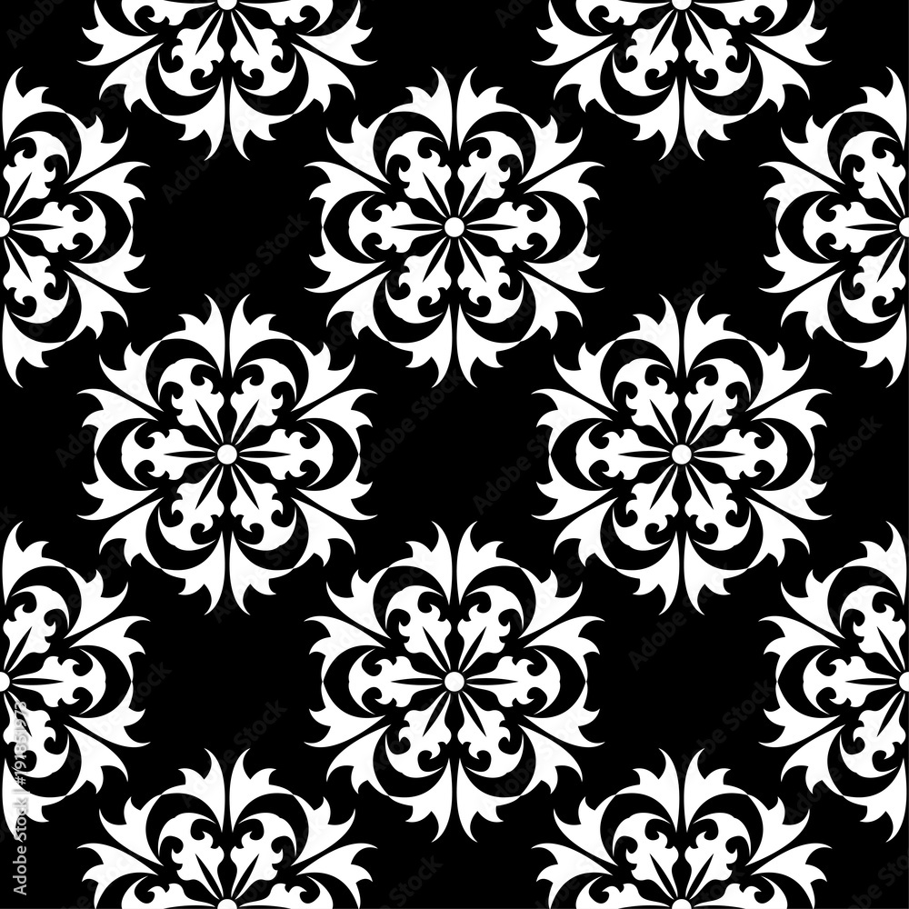 White floral design on black background. Seamless pattern White floral design on black background. Seamless pattern