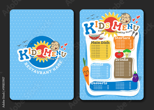 2 pages Kids menu design with vegetable for restaurant
