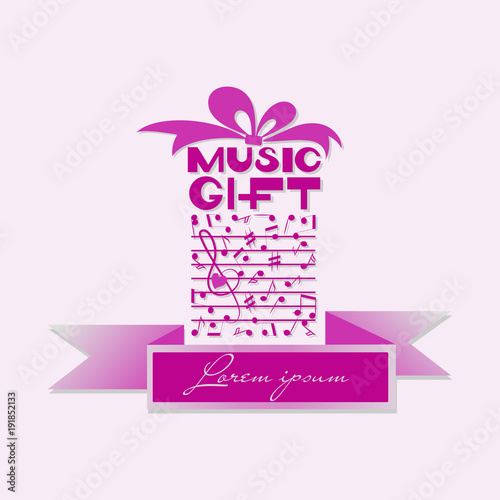 Musical gift with ribbon for text. Poster, emblem. Design for the program of a concert of classical music, a music festival, an invitation card, a festive packing of musical instruments.