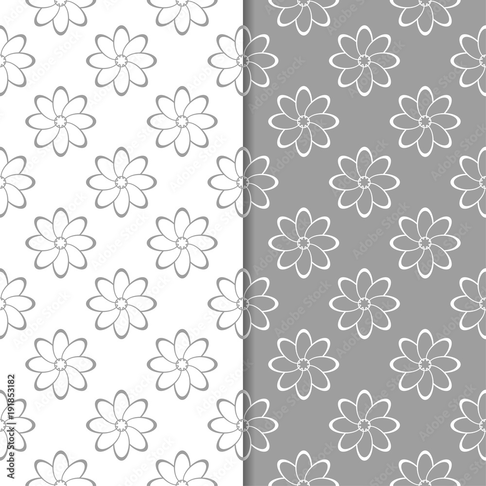 Obraz premium White and gray floral backgrounds. Set of seamless patterns