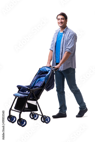 Young dad with child pram isolated on white