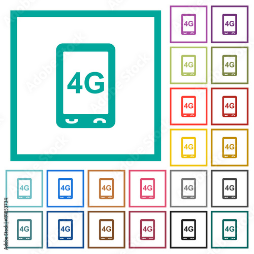 Fourth generation mobile connection speed flat color icons with quadrant frames