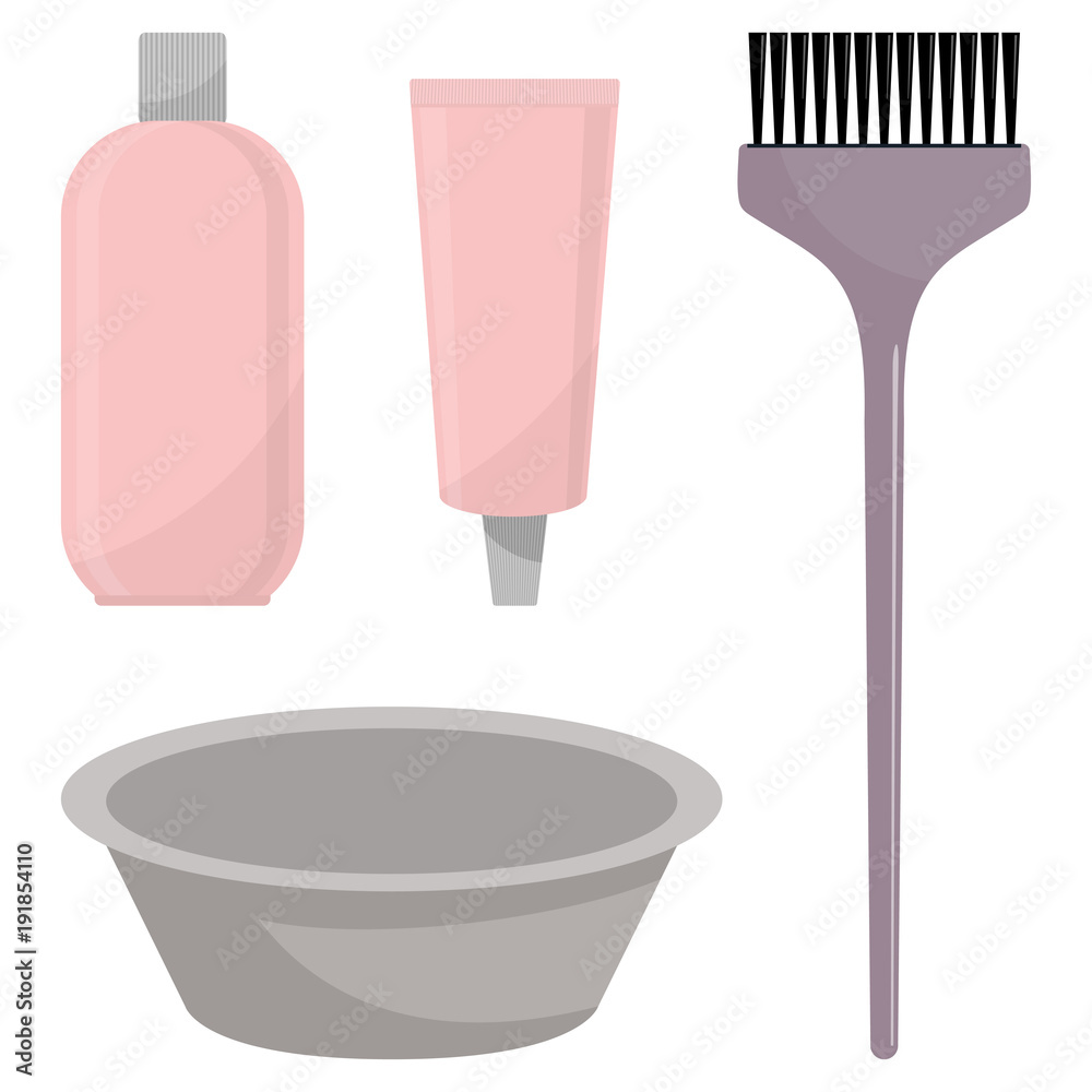 Hair dye, oxidizer, hair dye brush and mixing bowl. Hair coloring set