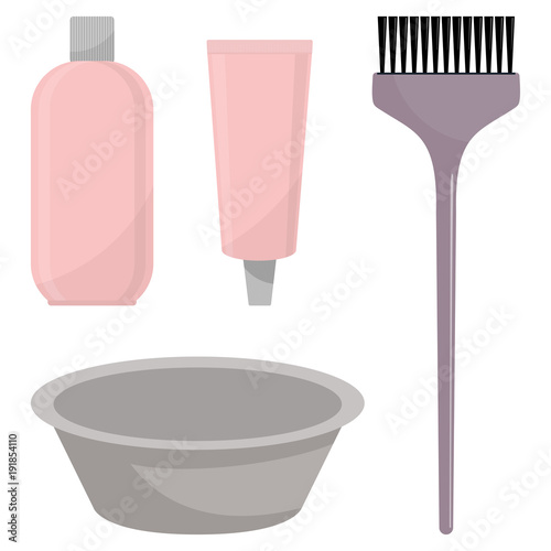 Hair dye, oxidizer, hair dye brush and mixing bowl. Hair coloring set, vector illustration, isolated on white.