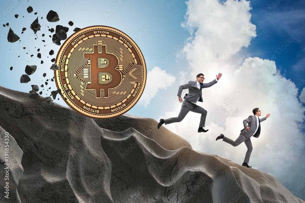 Fototapeta Bitcoin chasing businessman in cryptocurrency blockchain concept
