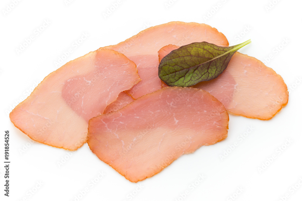 Sliced boiled ham sausage isolated on white background, top view. Sliced boiled ham sausage isolated on white background, top view.