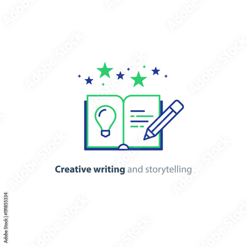 Creative writing, story telling idea, book page and pencil linear icons