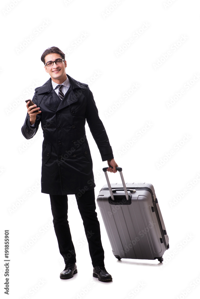 Young businessman with suitcase ready for business trip on white Young businessman with suitcase ready for business trip on white