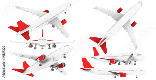 White airplanein a hand-drawn style. 3d render on a white background. Airplane in profile, from the front and top view isolated illustration Airline Concept Travel Passenger planes set. Jet commercial photo