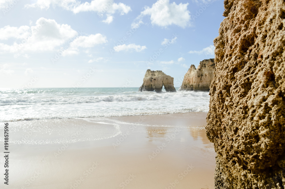 Sunny day, ocean cliffs, sand beach panorama view seascape outdoor, inspiring pleasure background