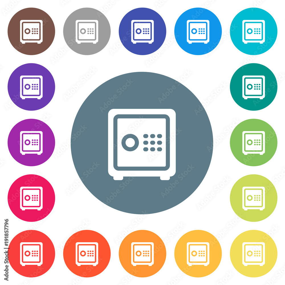 Strong box with key code flat white icons on round color backgrounds Strong box with key code flat white icons on round color backgrounds