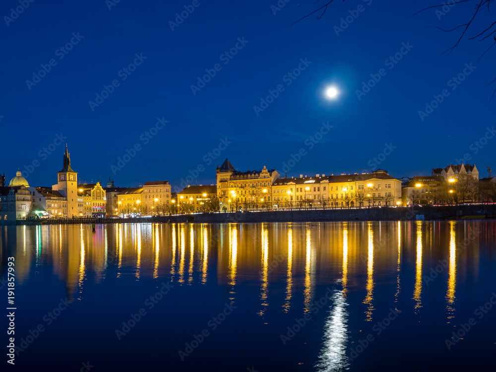 Night view of the Old Town of Prague over the Vltava River, Czech Republic