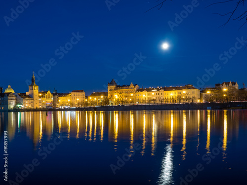 Night view of the Old Town of Prague over the Vltava River  Czech Republic