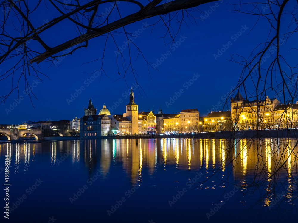 Fototapeta premium Night view of the Old Town of Prague over the Vltava River, Czech Republic