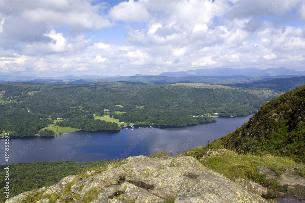 The view over the southern end of Lake Windermere from the footpath to Gummers How, a well known viewpoint in The Lake District, Cumbria, UK