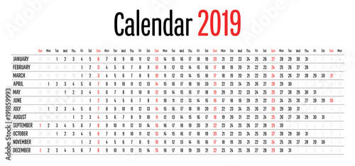 2019 Calendar Design Horizontal Dimension Template Vector Illustration