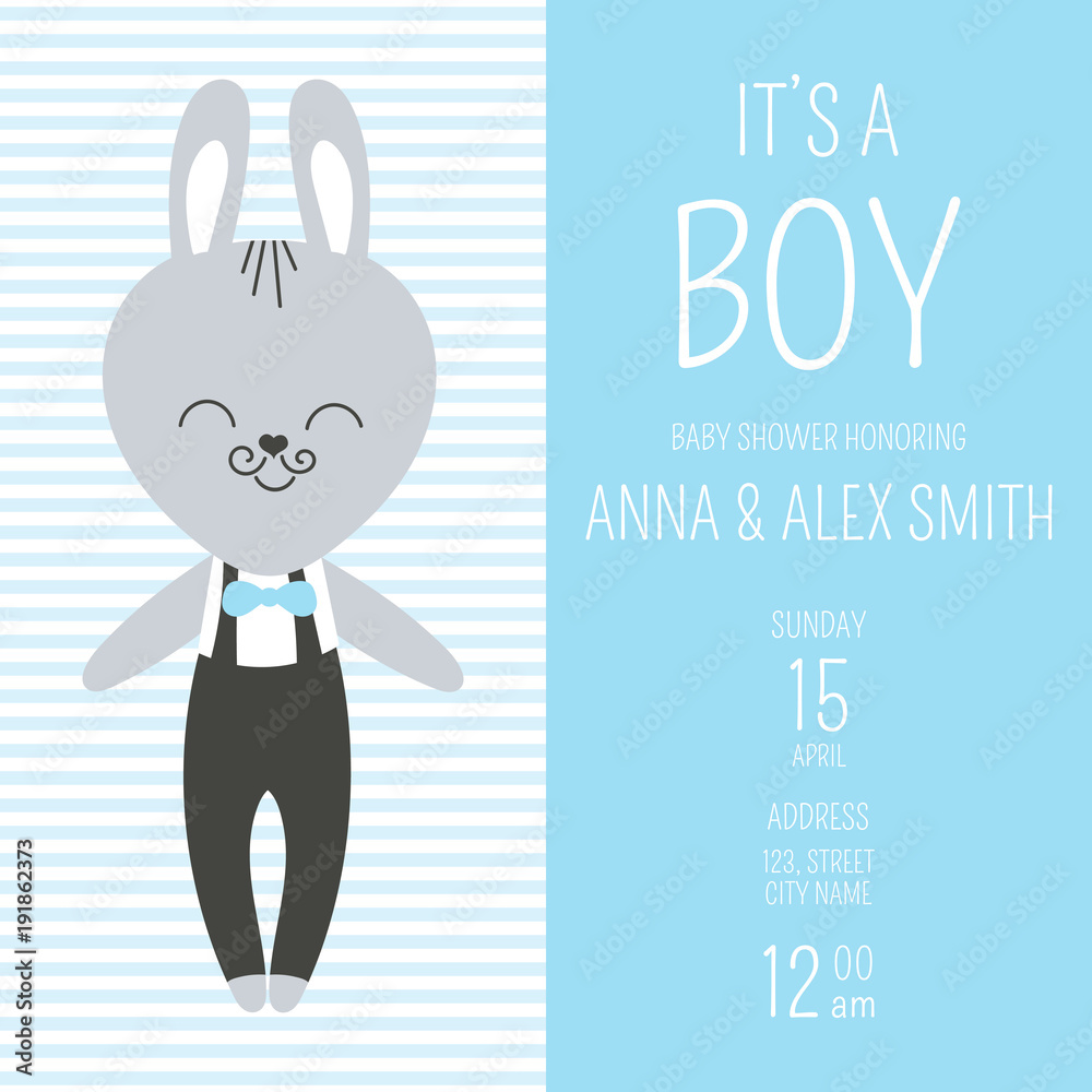 Cute baby shower boy invite card vector template. Cartoon animal ...