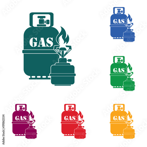 Camping stove with gas bottle icon vector