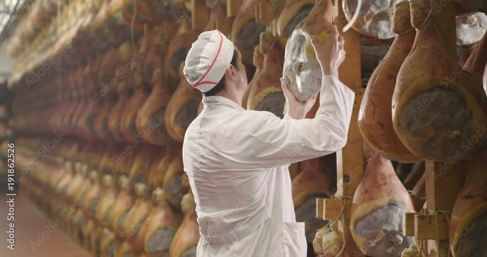 In a ham factory, a man in charge of quality control walks between the hams and controls, the perfume and the certified Italian quality. Concept of: tradition, Italy, food, ham