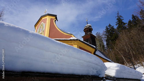 Maria Larch, Terfens, Eggen near Schwaz, Tyrol, Austria - pilgrimage church in winter 2018 with snow