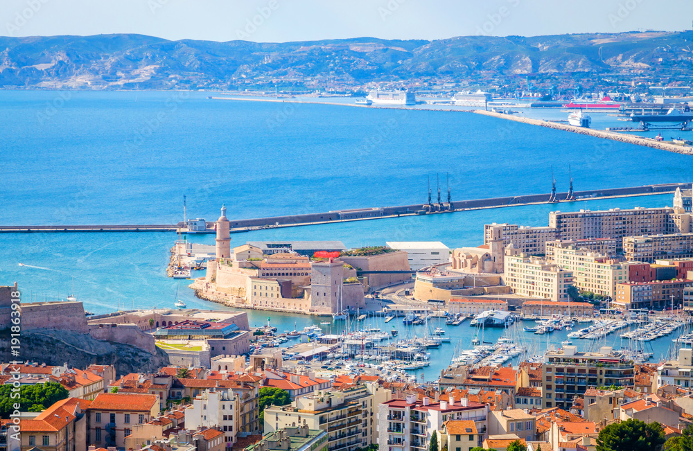 Aerial view of Saint Jean Castle and Cathedral de la Major and the old Vieux port in Marseille, France