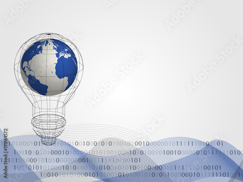 Technology background. 3d world map in bulb with digits and wave on background represents concept of idea and innovation. Concept of new idea for the future. Vector illustration.