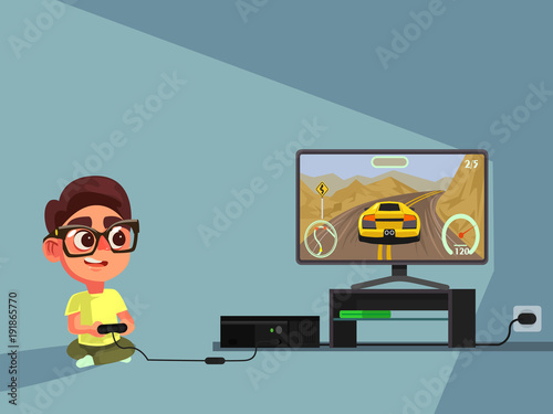 Little boy character play computer games. Vector flat illustration