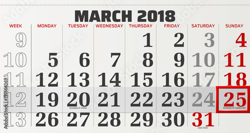 vector calendar of march 2018 with slidable red frame
