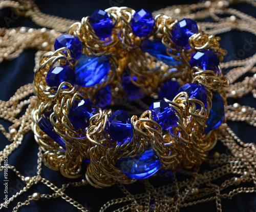 beautiful gold bracelet with blue stones, accessory, costume jewelry, beauty, fashion