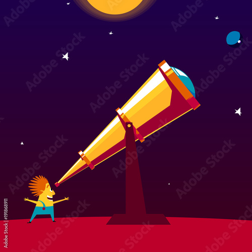 Happy astronomer watching through a telescope