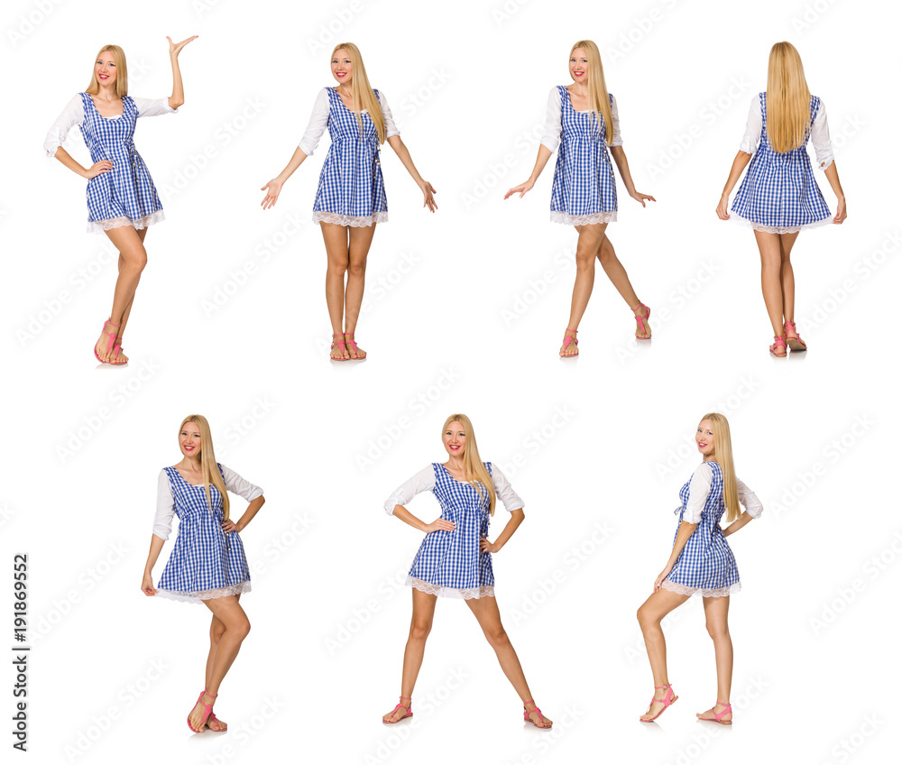 Caucasian woman in plaid blue dress isolated on white Caucasian woman in plaid blue dress isolated on white