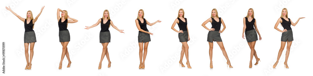 Blond hair model wearing gray skirt isolated on white Blond hair model wearing gray skirt isolated on white