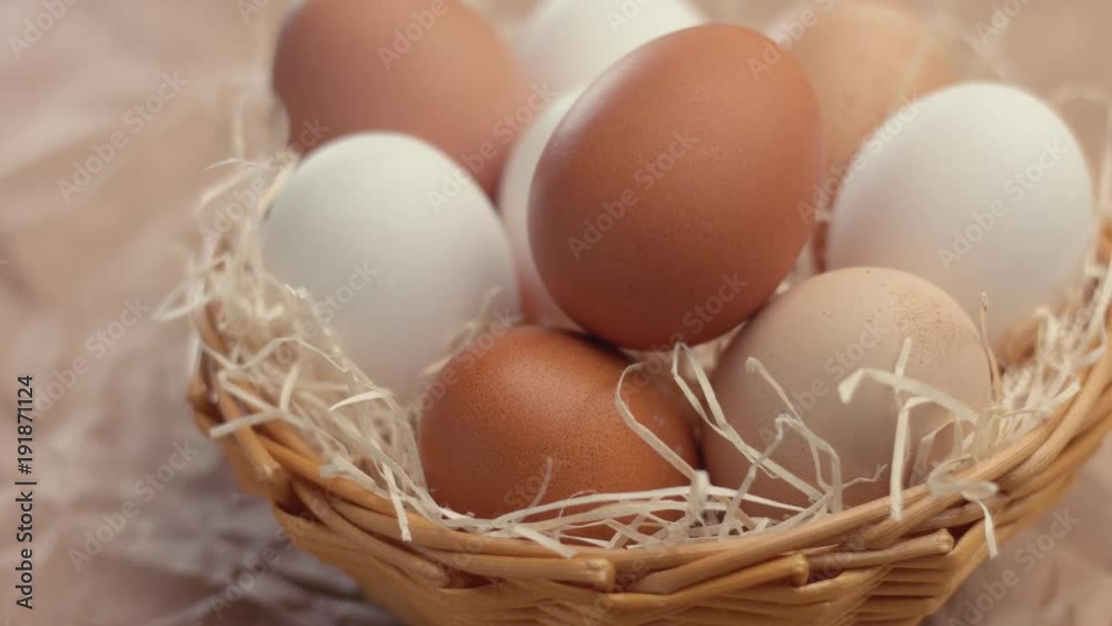 pan movement showing a basket with a n ecological eggs from the small farm pan movement showing a basket with a n ecological eggs from the small farm