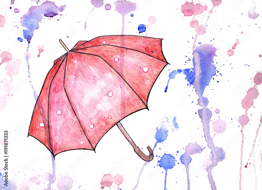 custom made wallpaper toronto digitalWatercolor opened umbrella on white background with colorful stains, drops and splashes. Hand painted illustration in red and blue colors. Hand drawn vibrant summer element.