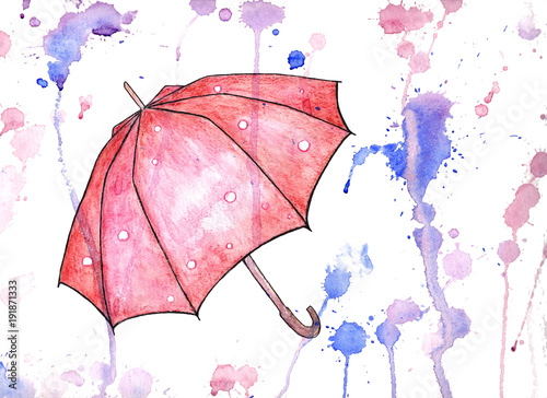 Wallpaper Mural Watercolor opened umbrella on white background with colorful stains, drops and splashes. Hand painted illustration in red and blue colors. Hand drawn vibrant summer element. Torontodigital.ca